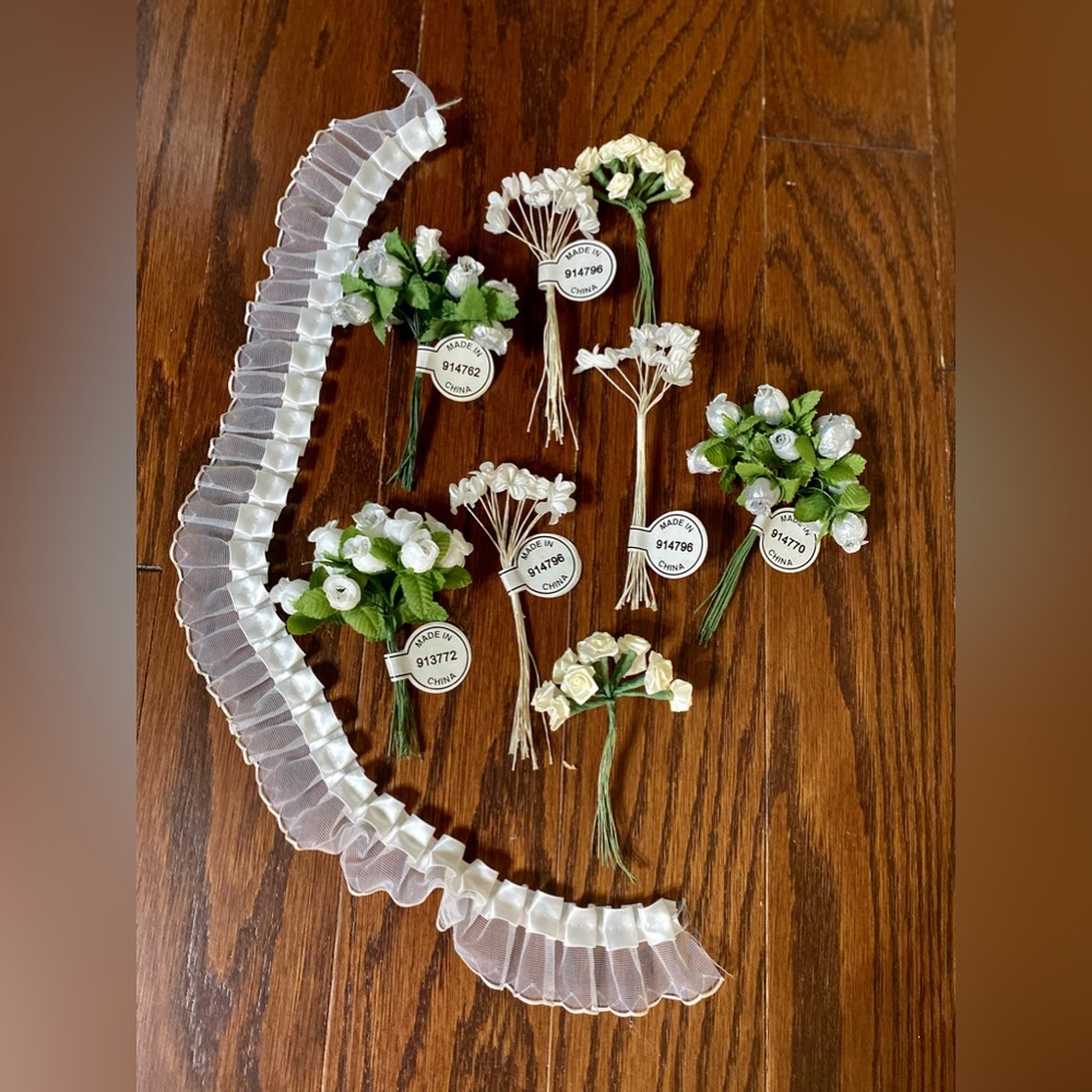 Wedding Set of 9 items artificial flowers and ribbon white silver green